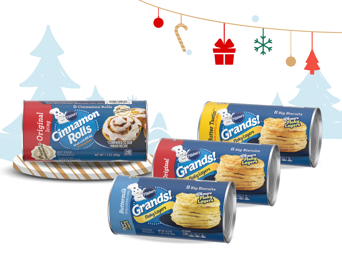 Biscuit and Cinnamon Roll packages on a snowy background