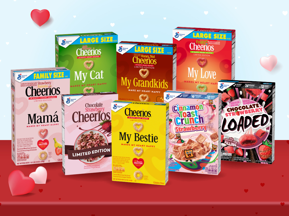 General Mills cereal boxes including Cheerios Hearts, Chocolate Strawberry Cheerios, Cinnamon Toast Crunch Strawberry and LOADED Chocolate Strawberry
