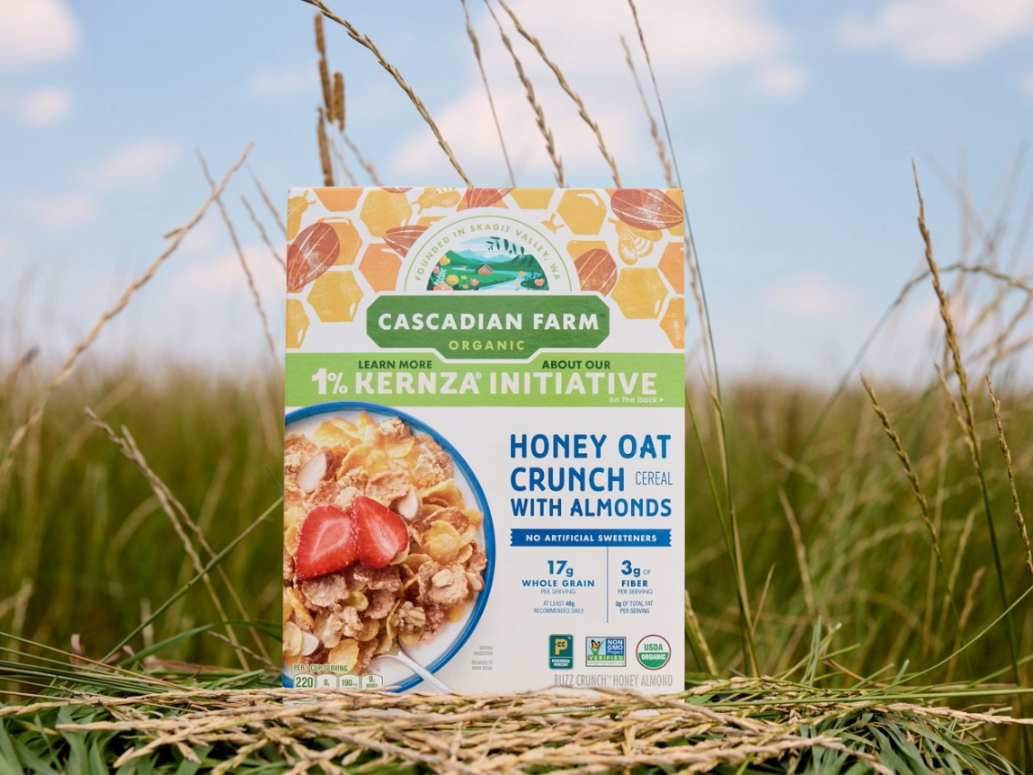 Cascadian Farm 1% Kernza Initiative Honey Oat Crunch cereal box