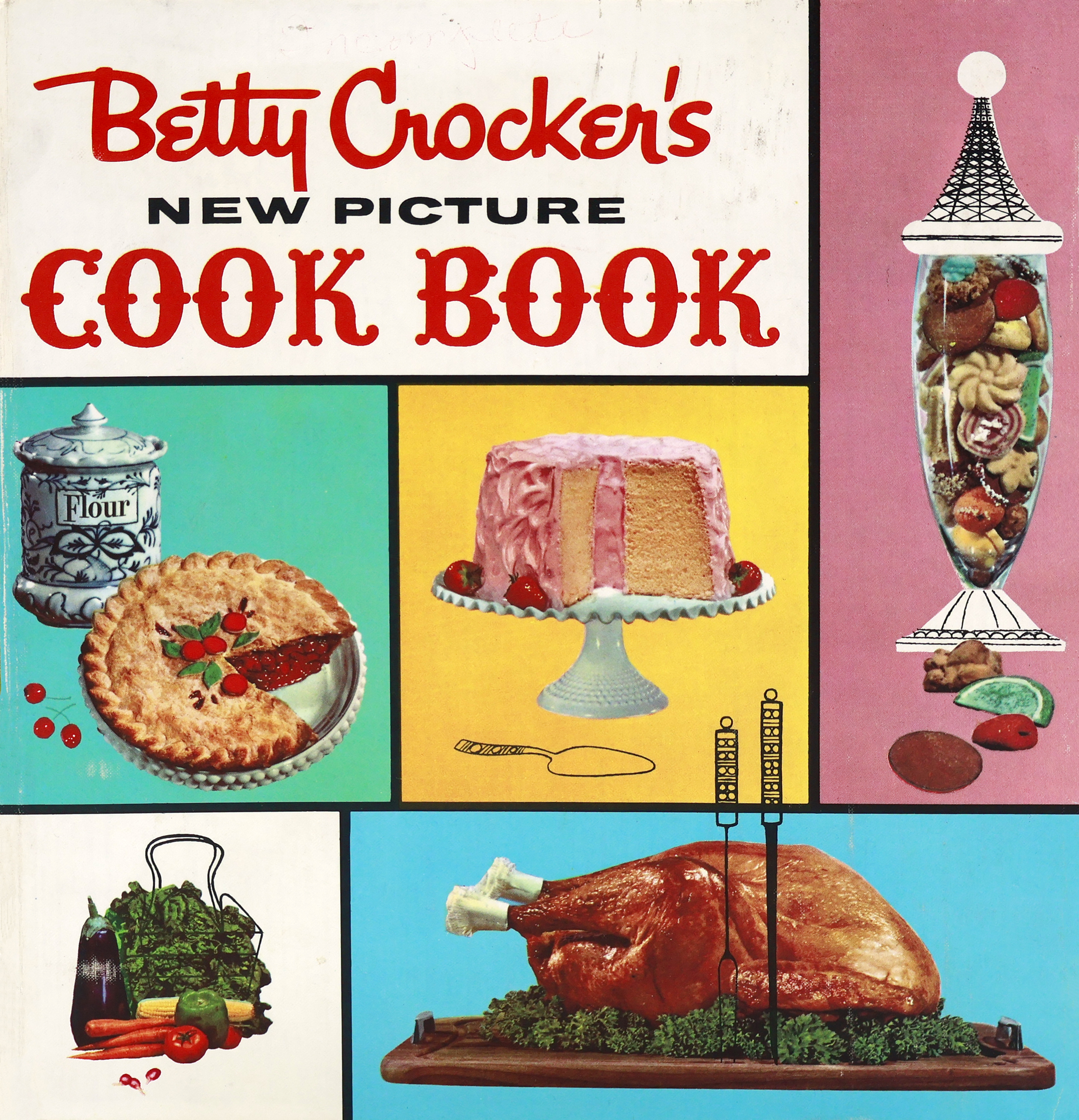 Cover of the 1961 Betty Crocker Cookbook with white, blue, yellow and pink squares with a cherry pie, angel food cake with pink frosting, a sketched tall, narrow, clear-glass cookie jar filled with cookies, some vegetables and a roasted turkey. 