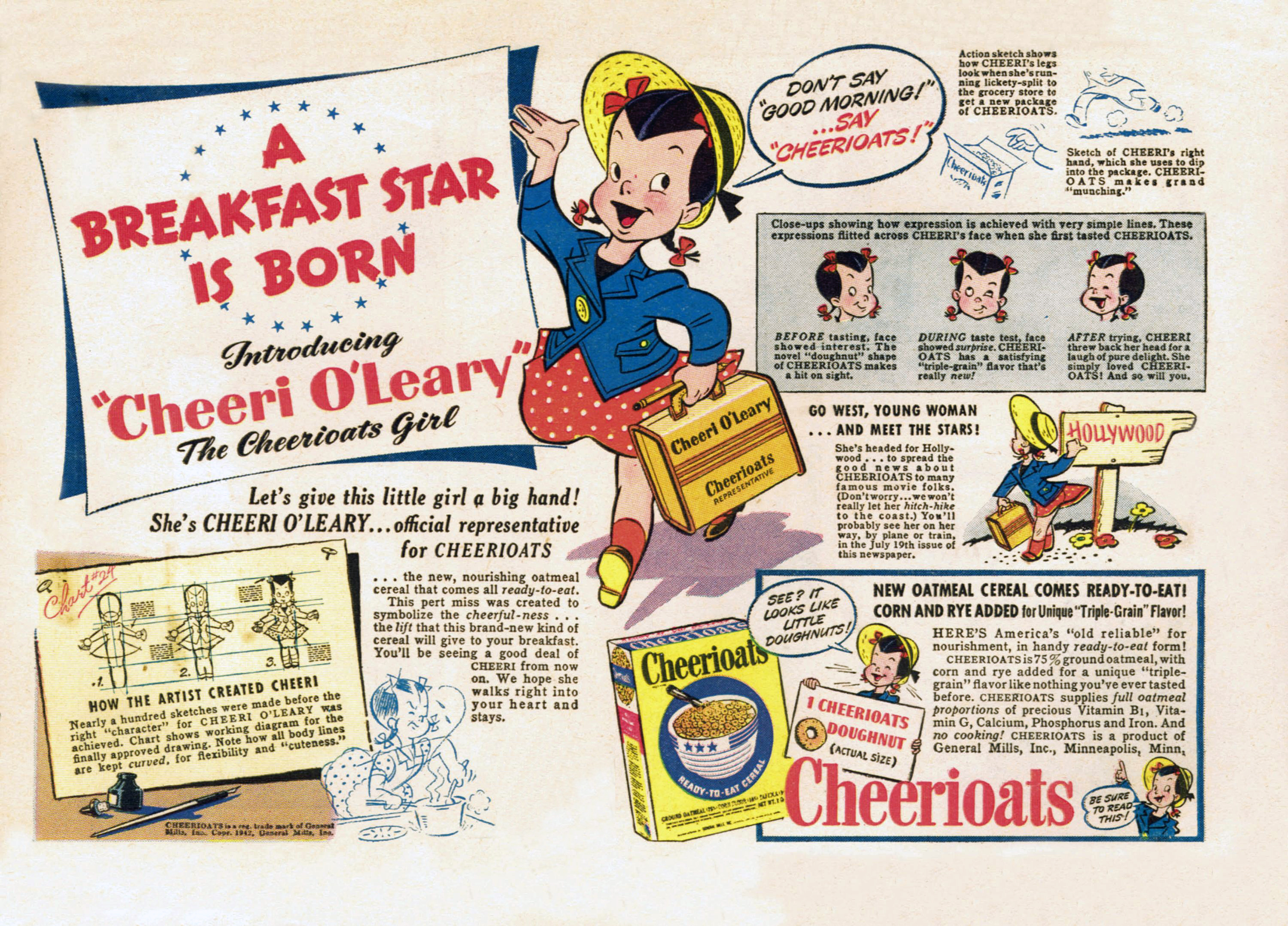 A vintage comic-style advertisement for Cheerioats cereal introducing the mascot "Cheeri O'Leary." The ad has a headline that reads, "A BREAKFAST STAR IS BORN." It features a cartoon girl in a blue jacket and red skirt holding a box of Cheerioats, along with details on the character's creation and expressions.