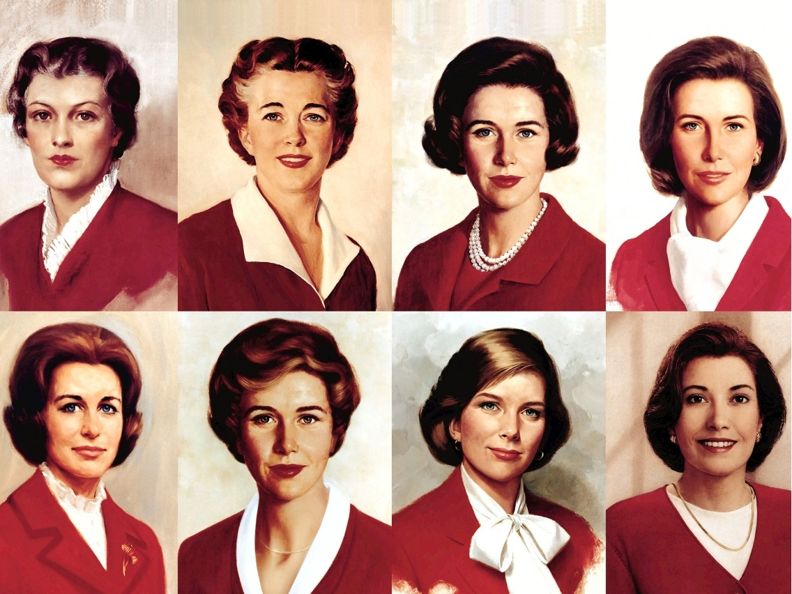 A collage showing the eight official portraits of Betty Crocker, from 1936 to 1996.