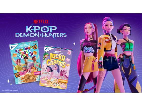 HUNTR/X Peach Mango Lucky Charms and Saja Boys Secret Flavor Cinnamon Toast Crunch cereal boxes pictured on a purple background with HUNTR/X pictured to the right.